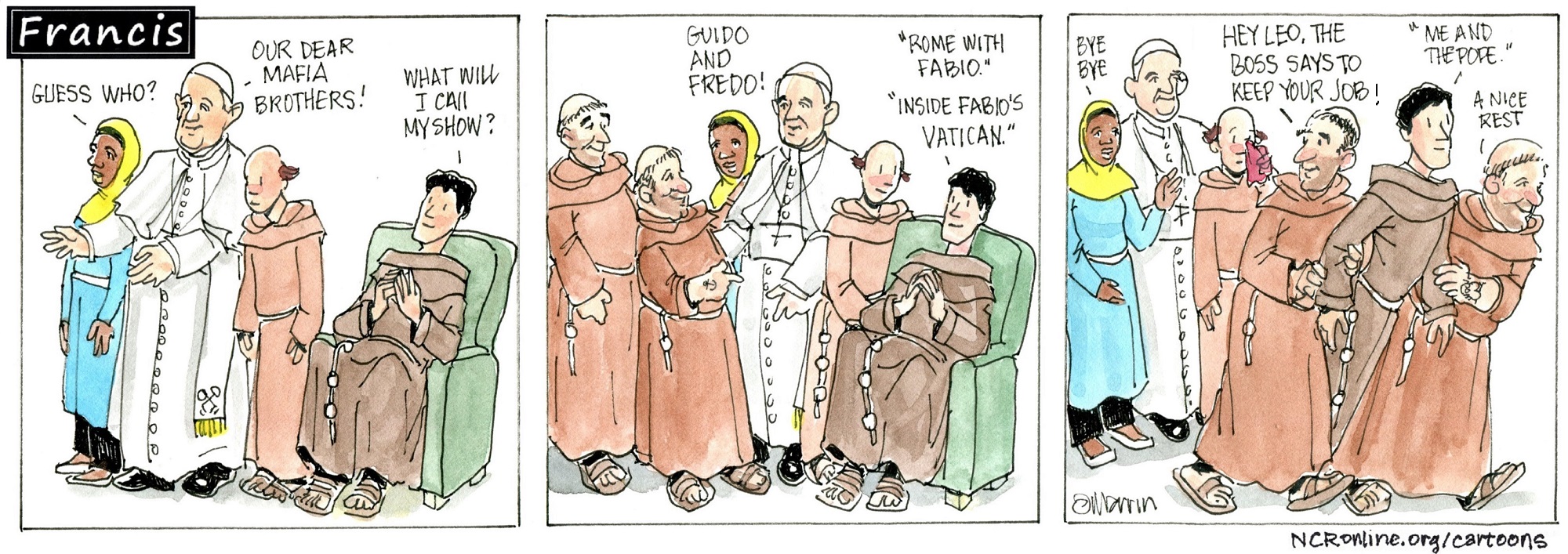 Francis, the comic strip: Francis finds a new gig for Brother Fabio.