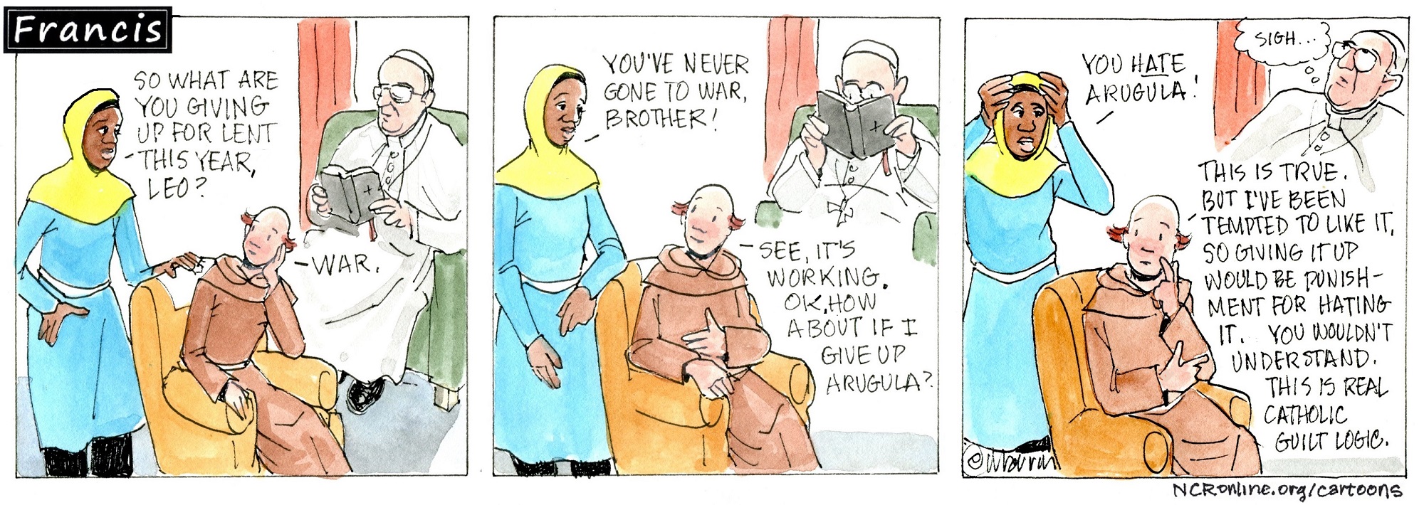 Francis, the comic strip: Gabby, Brother Leo and Francis talk about what they are giving up for Lent this year.