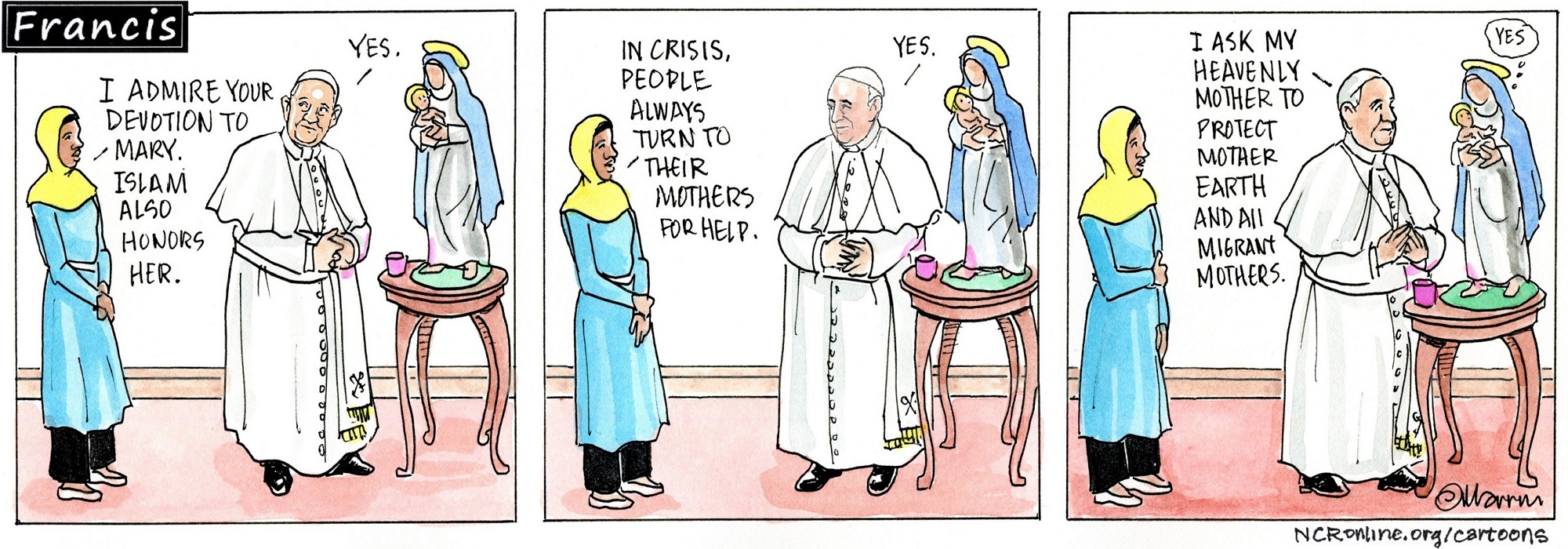 Francis, the comic strip: Francis and Gabby share their devotion and prayers to Mary.