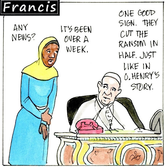 Francis, the comic strip: Gabby and Francis discuss Brother Leo's predicament.