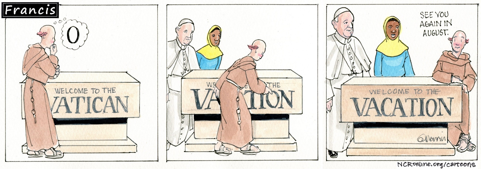 Francis, the comic strip: Brother Leo, Francis and Gabby are taking a little vacation.