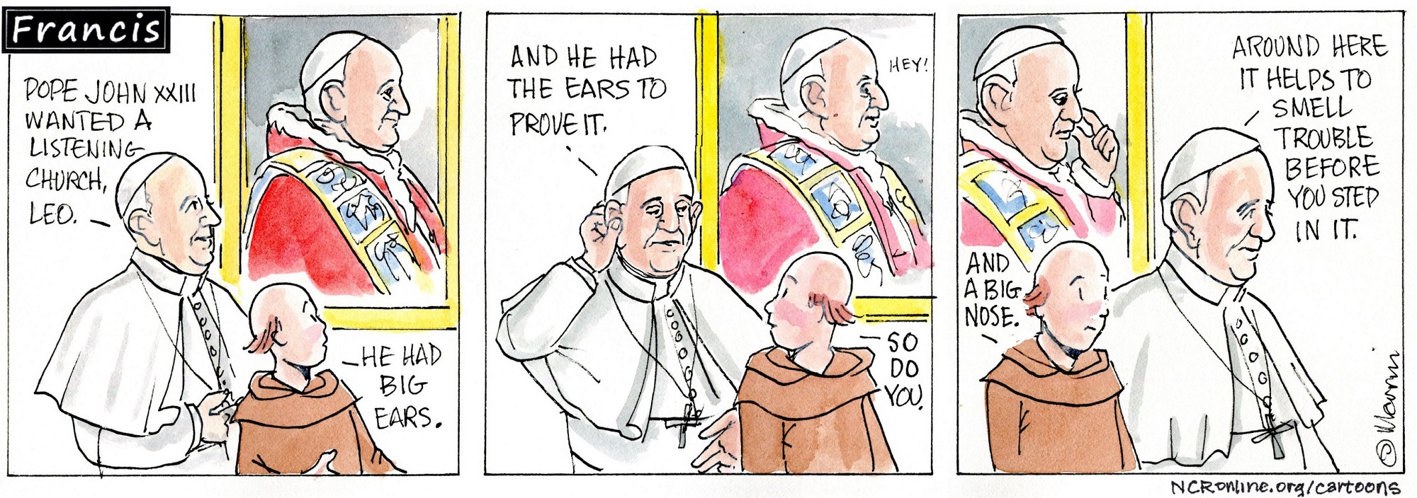 Francis, the comic strip: Francis and Brother Leo talk about how to be a listening church.