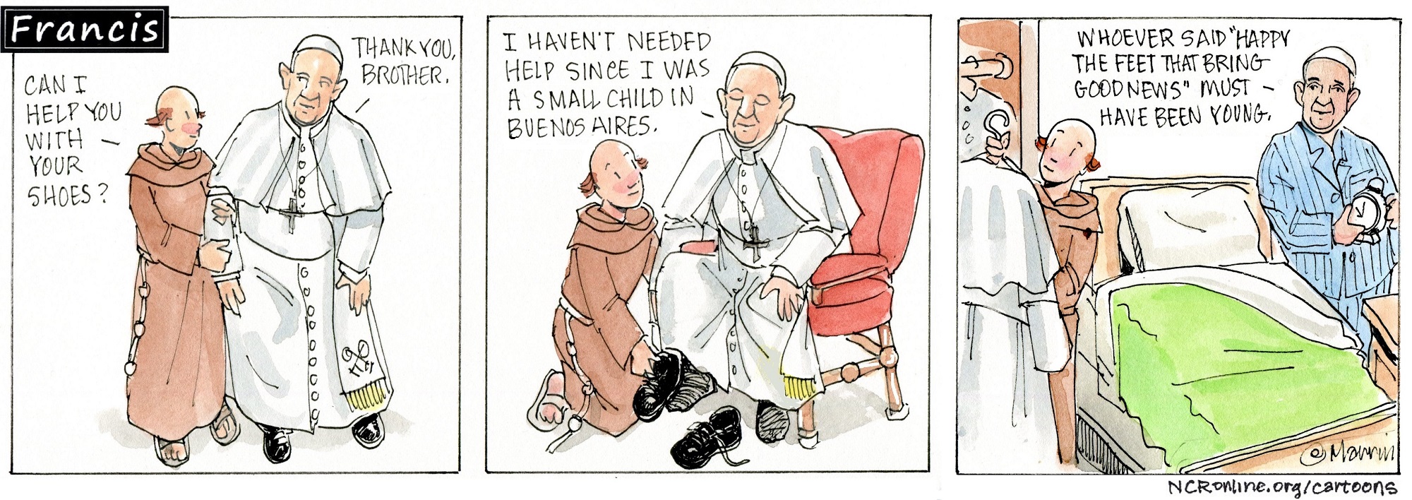 Francis, the comic strip: Francis needs some help, and Brother Leo is here.