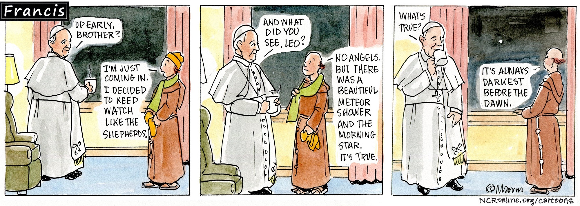 Francis, the comic strip: Brother Leo and Francis look for the morning star. 