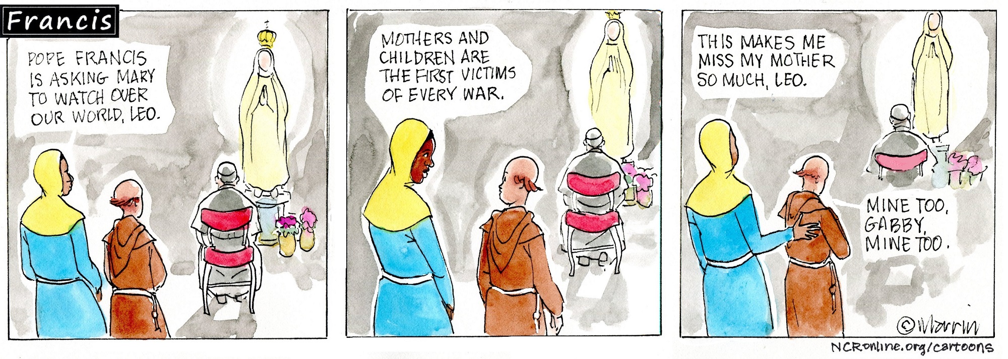 Francis, the comic strip: Francis asks Mary to watch over our world.