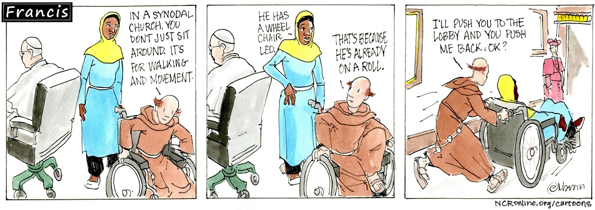 Francis, the comic strip: In a synodal church, you don't just sit around. It's for walking and movement.