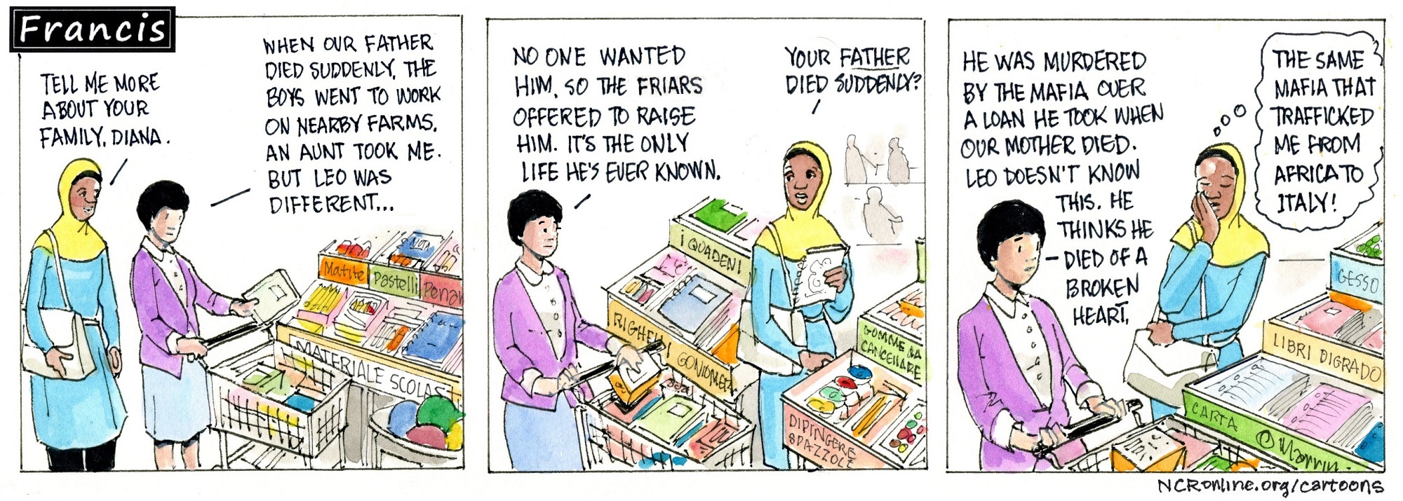 Francis, the comic strip: Brother Leo's sister, Diana, shares some secrets from their family's past.