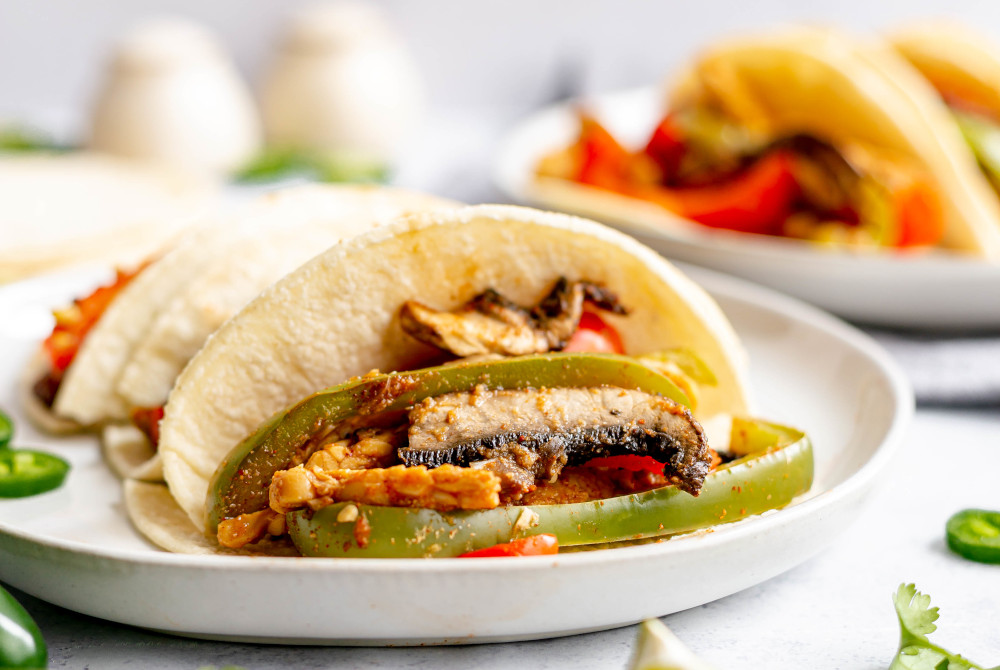 Mushroom tempeh fajitas with spices and vegetables (At Elizabeth's Table/Elizabeth Varga)