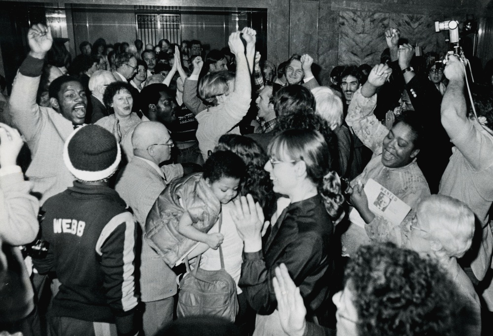 At the Joslyn Art Museum in Omaha, Nebraska, on April 14, 1982, members of Iowa Citizens for Community Improvement hear the news that InterNorth Inc. Board President Willis Strauss agrees to a meeting. (Courtesy of Omaha World Herald) At the Joslyn Art Museum in Omaha, Nebraska, on April 14, 1982, members of Iowa Citizens for Community Improvement hear the news that InterNorth Inc. Board President Willis Strauss agrees to a meeting. (Courtesy of Omaha World Herald)