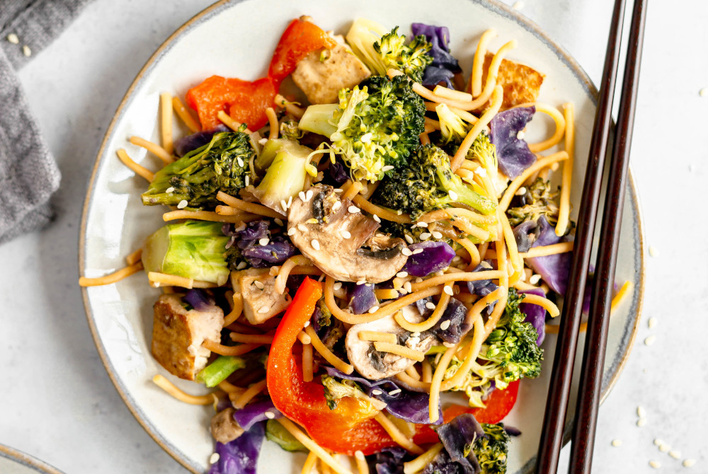 A mixture of spaghetti noodles, tofu and vegetables, the dish is flavorful and packed with veggies. (At Elizabeth's Table/Elizabeth Varga)