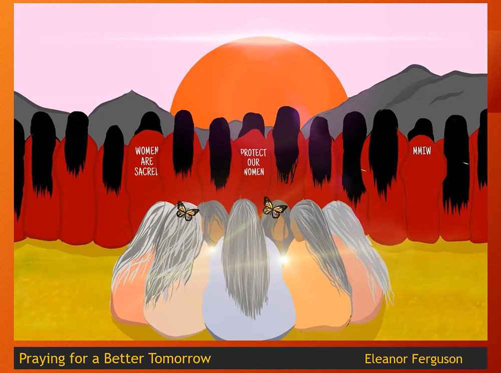 Eleanor Ferguson, 18, created this painting in recognition of Indigenous women who have gone missing or been murdered. Months before painting it, Ferguson's cousin also disappeared. (NCR screenshot) Eleanor Ferguson, 18, created this painting in recognition of Indigenous women who have gone missing or been murdered. Months before painting it, Ferguson's cousin also disappeared. (NCR screenshot)