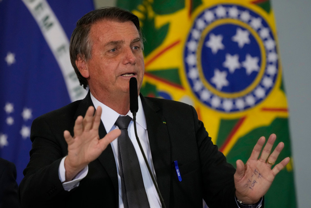 Brazil’s president, Jair Bolsonaro, speaks during a ceremony at the Planalto presidential palace, in Brasilia, Brazil, Tuesday, July 13, 2021. (AP/Eraldo Peres)