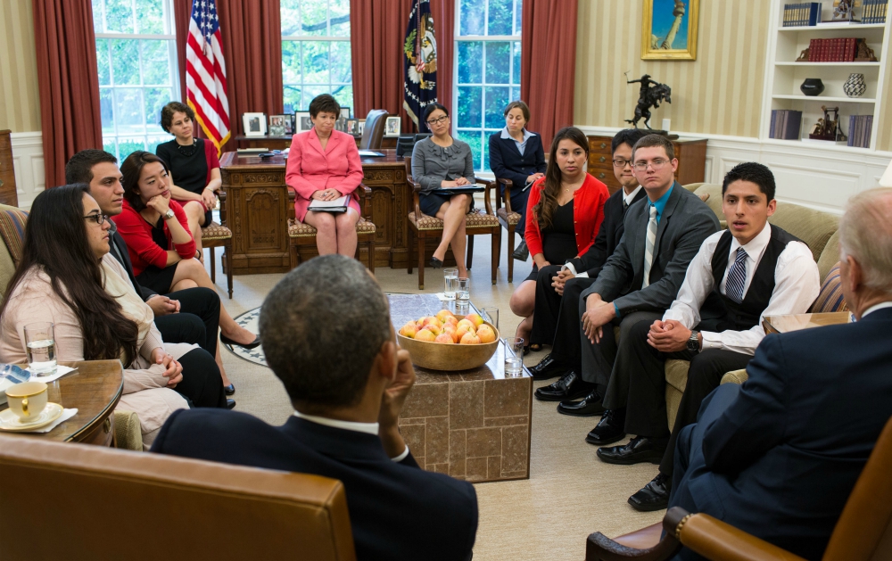 In May 2013 in the Oval Office, President Barack Obama and Vice President Joe Biden meet with young people who have benefited from the Deferred Action for Childhood Arrivals program and with U.S. citizen family members of undocumented immigrants. In May 2013 in the Oval Office, President Barack Obama and Vice President Joe Biden meet with young people who have benefited from the Deferred Action for Childhood Arrivals program and with U.S. citizen family members of undocumented immigrants.