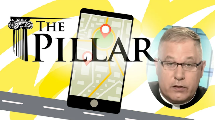 The Pillar published an investigation of Msgr. Jeffrey Burrill, largely based on his phone’s location data. (RNS illustration/Kit Doyle)