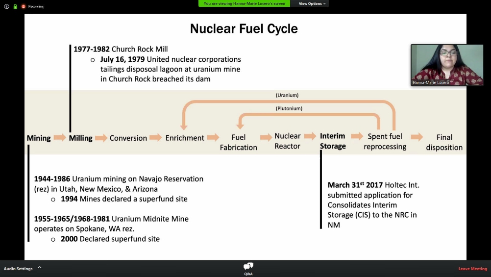 Hanna-Marie Lucero, a senior at Seattle University, presents on environmental racism in nuclear plants on indigenous lands as part of the Jesuit school's Earth Talks program for Earth Day 2020. (Screenshot)