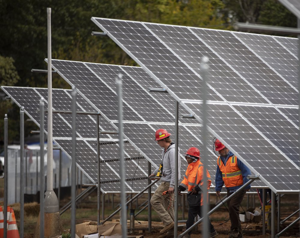 In 2019, workers installed more than 5,000 solar panels on Catholic Charities property in Northeast Washington. The solar array, the largest such project in the District of Columbia, was fully operational by the end of January 2020. (CNS photo/Andrew Bira