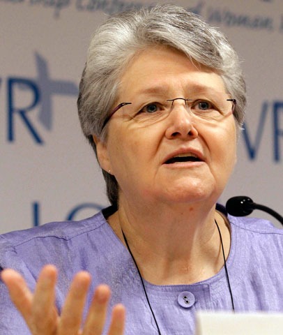 Franciscan Sr. Nancy Schreck speaks to reporters during the assembly of the Leadership Conference of Women Religious in St. Louis in August 2012. (AP Photo/Seth Perlman)