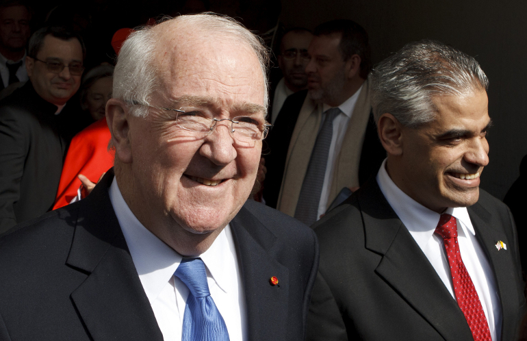 Ken Hackett, left, retired president of Catholic Relief Services, is pictured with Miguel Diaz, former U.S. ambassador to the Vatican, attending the 2012 consistory at the Vatican. (CNS photo/Paul Haring)