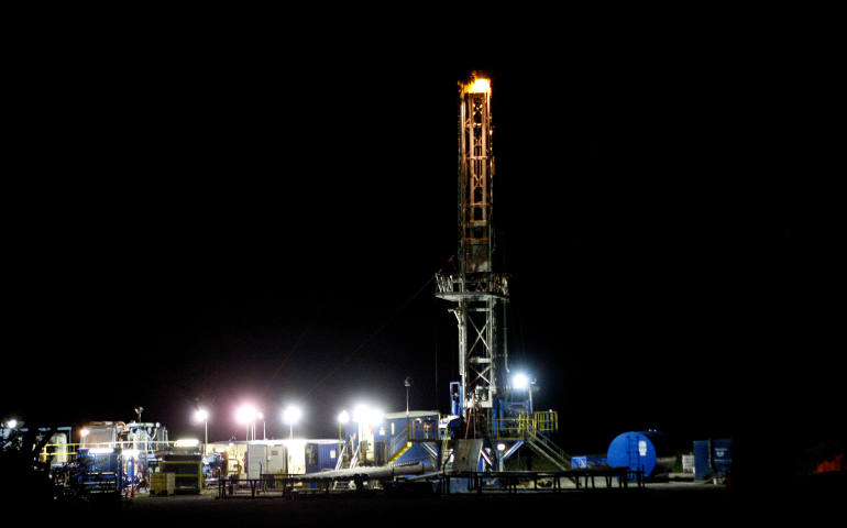 A drilling rig on land leased by U.S. Energy Corp. is seen in Hooker, Pa., Sept. 25. The natural gas boom brought on by exploration in Pennsylvania's Marcellus Shale has gained advocates and detractors. (CNS photo/Dennis Sadowski)