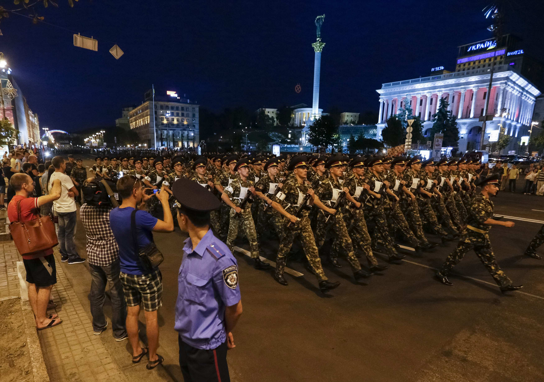 Ukrainian soldiers march along a street during a rehearsal for the Independence Day parade in Kiev Aug. 20. The parade will take place Aug. 24. (CNS/Reuters/Gleb Garanich)