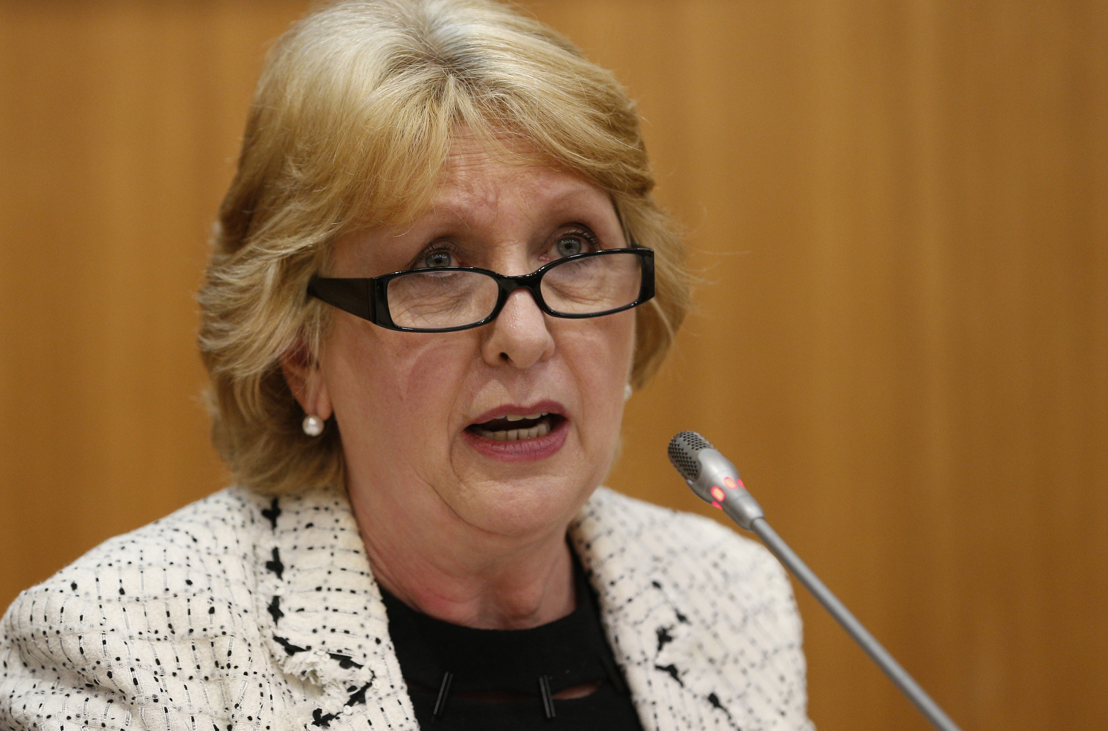 Mary McAleese, president of Ireland from 1997 to 2011, speaks at a conference titled, "Renewing the Church in a Secular Age," at the Pontifical Gregorian University in Rome March 5. (CNS/Paul Haring)