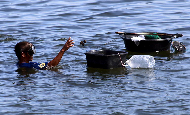 A fisherman collects sea shells in Manila Bay at Cavite City, near Manila, Philippines, July 23. Philippine environmentalists and advocates for farmers, fishes and poor Filipinos lauded the recently released encyclical, "Laudato Si'," as affirmatio” for their causes. (CNS photo/Romeo Ranoco, Reuters)