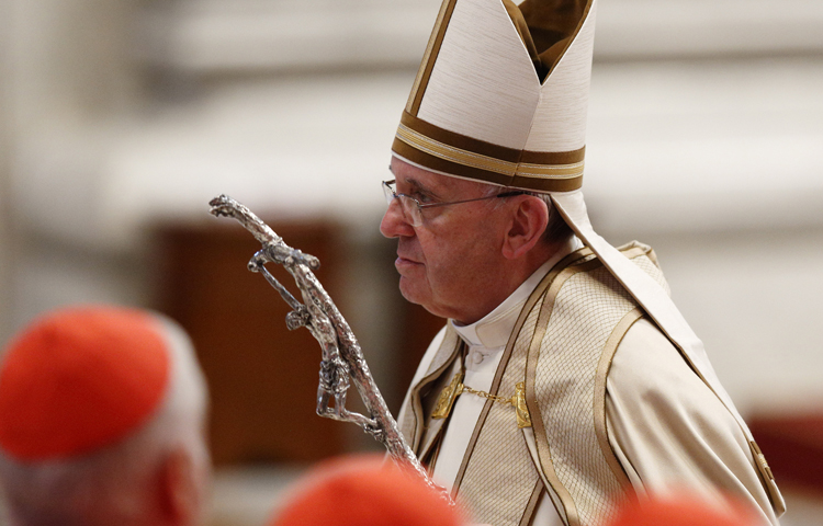 Pope Francis leaves an evening prayer service to mark World Day of Prayer for the Care of Creation in St. Peter's Basilica at the Vatican Sept. 1. (CNS/Paul Haring)