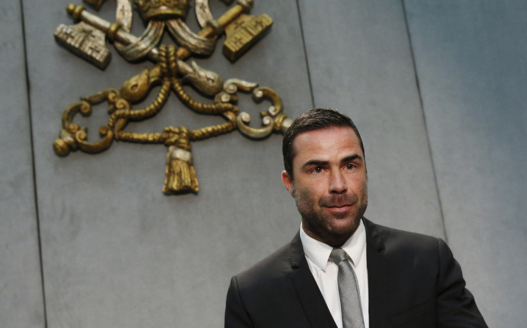 René Brülhart arrives for a briefing on the 2015 annual report of the Vatican's financial watchdog agency at the Vatican April 28, 2016. (CNS/Paul Haring)