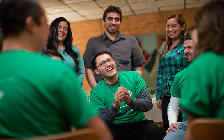 Marcos Gonzalez Villalba, center, meets with young adult leaders in the Shreveport, La., diocese, in this undated photo.