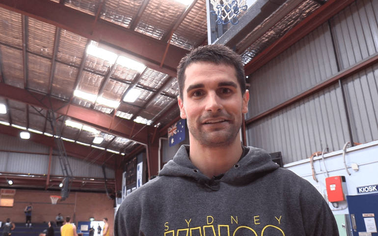 Olympic basketball player Kevin Lisch of Belleville, Ill., poses for a recent photo before a game with the Sydney Kings, an Australian National Basketball League team. (CNS photo/courtesy Sydney Kings)