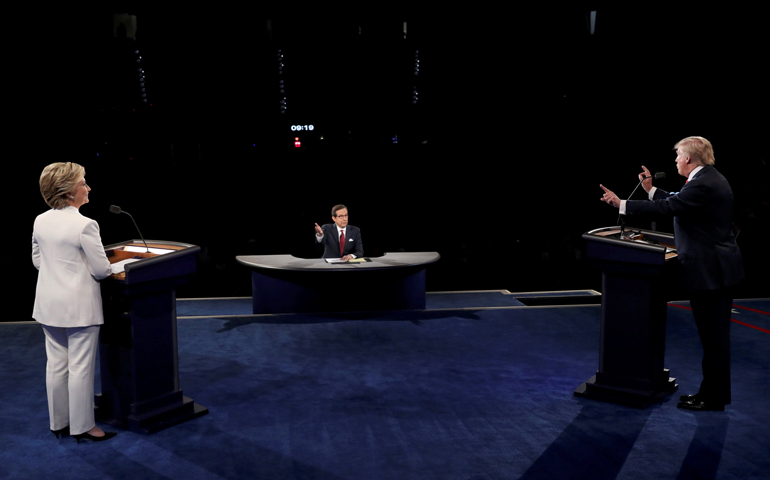 Hillary Clinton and Donald Trump are seen in Las Vegas during the final 2016 presidential campaign debate Oct. 19. (CNS/Pool, Reuters)