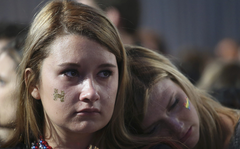 A supporter of Hillary Clinton reacts to the news that Donald Trump won the election in the early morning hours of Nov. 9. (CNS/Adrees Latif, Reuters)