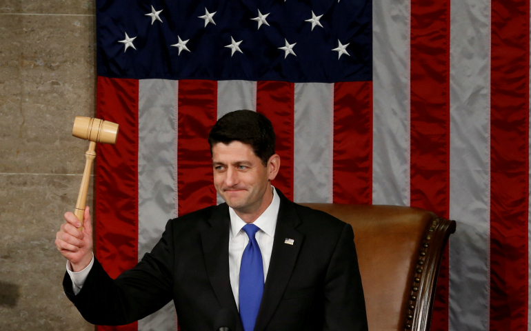 U.S. House Speaker Paul Ryan, R-Wis., raises the gavel during the opening session of the new Congress on Capitol Hill in Washington Jan. 3. Ryan, who is Catholic, was re-elected speaker of the House of Representatives earlier in the day. (CNS photo/Jonathan Ernst, Reuters)