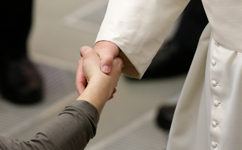 Pope Francis shakes hands with a man during his general audience in Paul VI hall at the Vatican Jan. 11. (CNS / Paul Haring) 