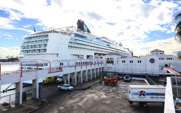 A cruise ship at Port of Los Angeles is seen Dec. 30, 2016, just outside the Stella Maris Chapel and Hospitality Center in Los Angeles. (CNS/Victor Aleman, Angelus News)