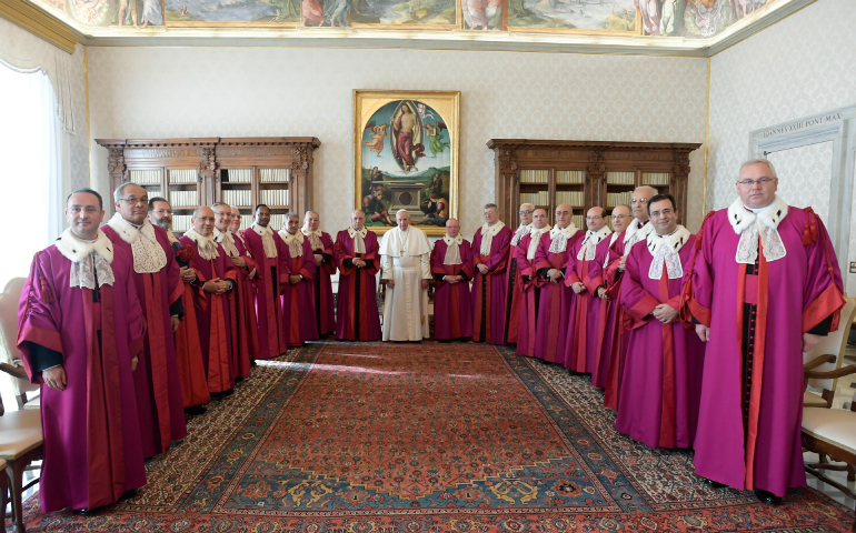 01.23.2017 Pope Francis poses with members of the Roman Rota during a meeting inaugurating the judicial year of the Roman Rota at the Vatican Jan. 21. The Roman Rota is the highest appellate court in the Catholic Church; it mainly handles marriage cases. (CNS photo L'Osservatore Romano)