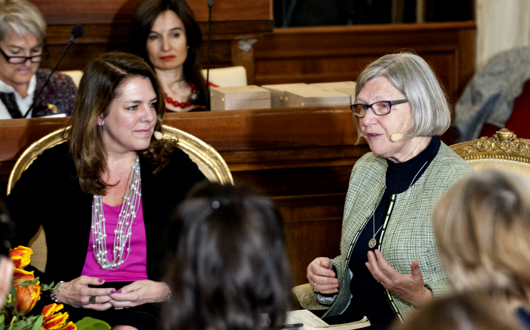 Social Service Sr. Simone Campbell, right, speaks during the Voices of Faith gathering March 8 at the Vatican. (CNS/Catholic Press/Massimiliano Migliorato)