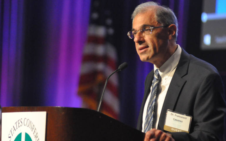 Francesco Cesareo, chairman of the National Review Board, speaks June 14 during the opening session of the U.S. Conference of Catholic Bishops' annual spring assembly in Indianapolis. (CNS photo/Sean Gallagher, The Criterion)