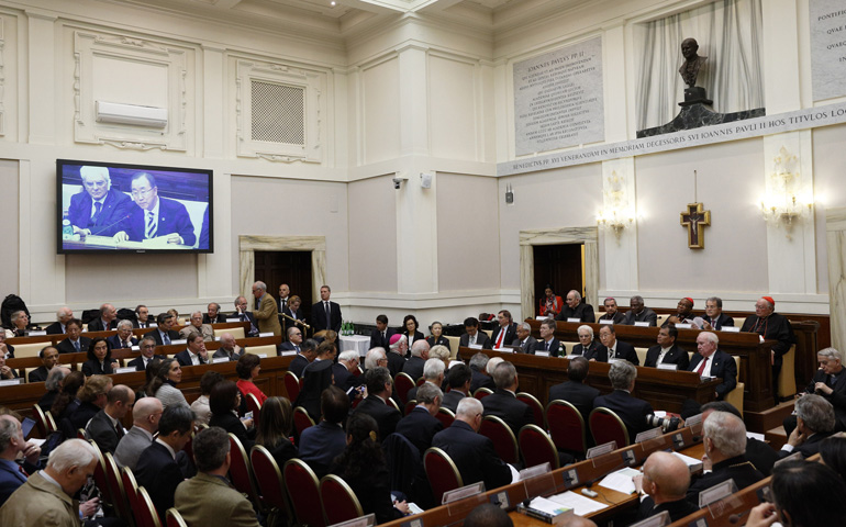 U.N. Secretary-General Ban Ki-moon addresses a Vatican summit on the moral dimensions of climate change and its impact on the poor on Tuesday. (CNS/Paul Haring)