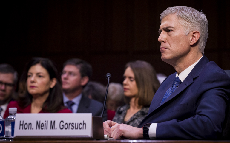 Judge Neil Gorsuch, President Donald Trump's nominee for the U.S. Supreme Court, attends his Senate Judiciary Committee confirmation hearing on Capitol Hill March 20 in Washington. (CNS photo/Pete Marovich, EPA)