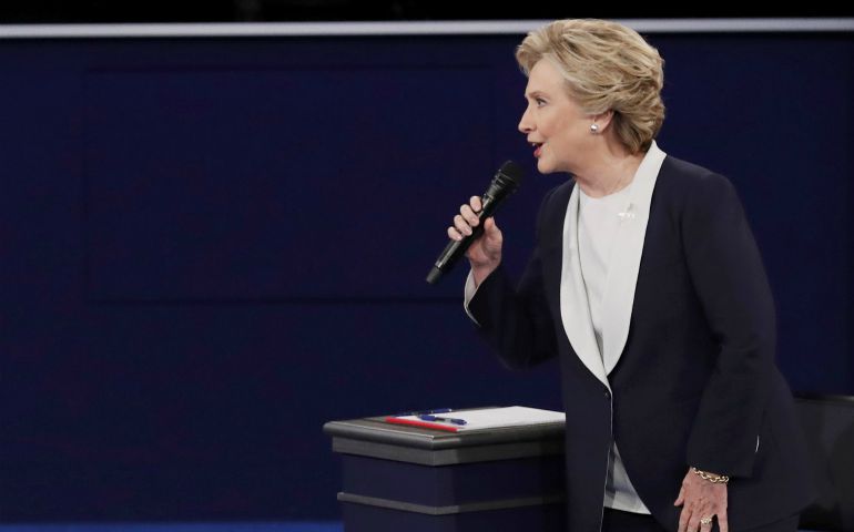 Democratic presidential nominee Hillary Clinton speaks during a presidential town hall debate at Washington University in St. Louis, Oct. 9, 2016. (CNS photo/Jim Young, Reuters)