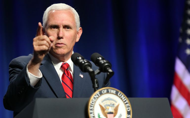 U.S. Vice President Mike Pence speaks during the National Catholic Prayer Breakfast June 6 in Washington. (CNS photo/Bob Roller)