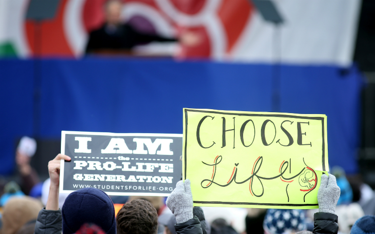 Pro-life advocates hold signs Jan. 27 during the annual March for Life in Washington. (CNS photo/Tyler Orsburn)