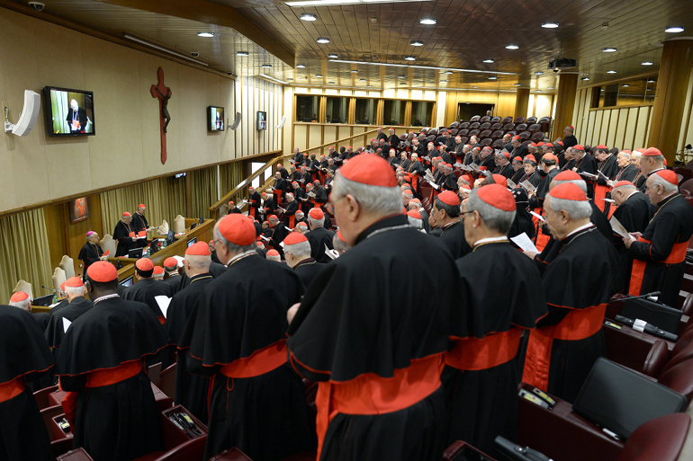 Cardinals gather in synod hall at the Vatican March 7 for one of several general congregation meetings held ahead of the conclave. (CNS photo/L'Osservatore Romano)