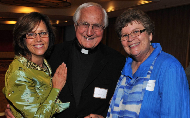 FutureChurch outgoing executive director Sr. Chris Schenk, right, with incoming executive director Deborah Rose-Milavec and Bishop Thomas Gumbleton in Cleveland (Jim Metrison)