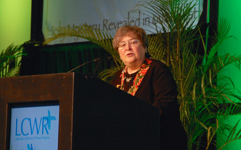 St. Joseph Sr. Elizabeth Johnson speaks to members of the Leadership Conference of Women Religious on Friday night in Nashville, Tenn. (Dan Stockman)