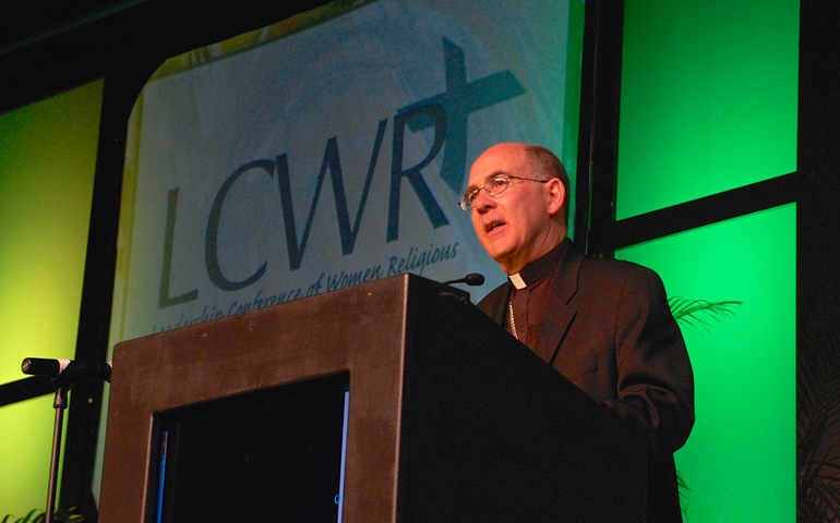 Seattle Archbishop J. Peter Sartain speaks Tuesday to members of the Leadership Conference of Women Religious at the welcoming ceremony for the group's annual assembly in Nashville, Tenn. (Dan Stockman)