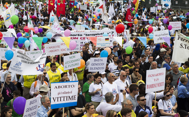 Pro-life demonstrators take part in the third annual national March for Life on May 12 in Rome. (CNS/Robert Duncan)