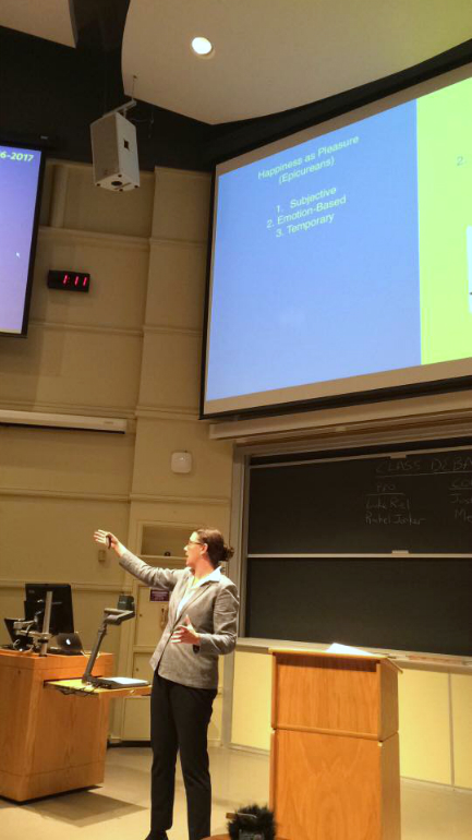 Meghan Sullivan addresses students in her "God and the Good Life" course at the University of Notre Dame. (Paul Blaschko)