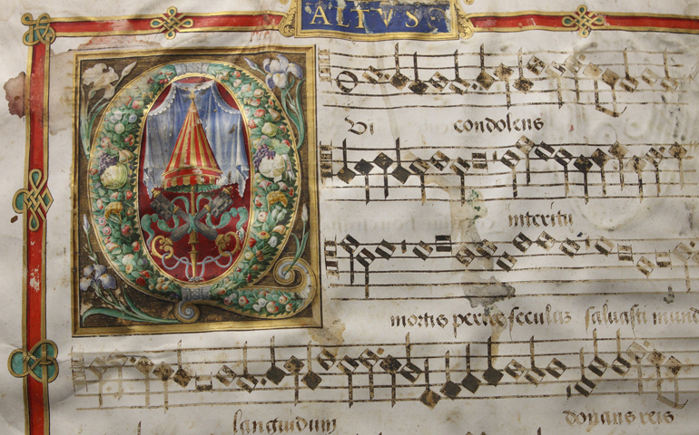 A reproduction of music in a hymnal from the 1500s (CNS/Paul Haring)
